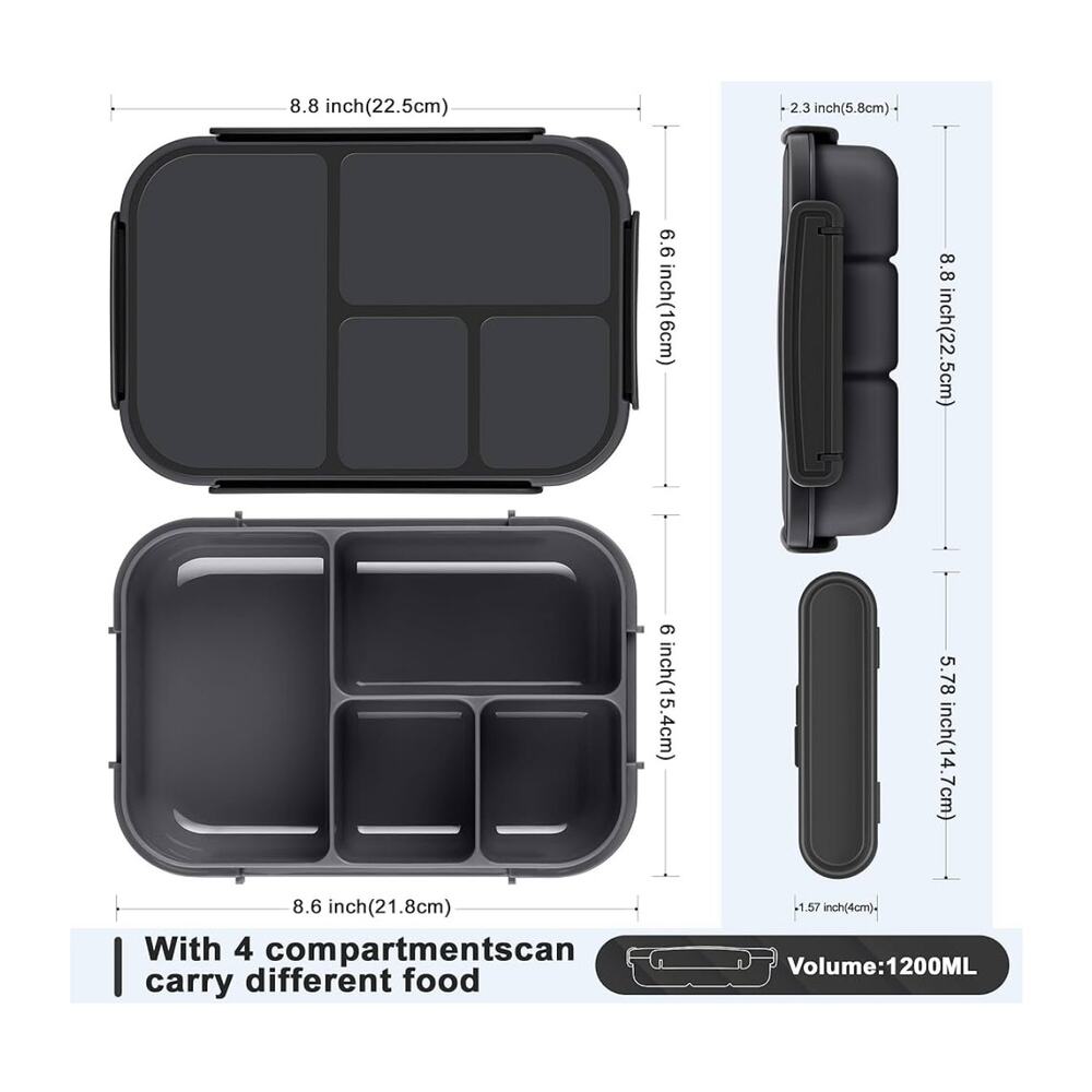 NIB: Bento Box: Leakproof Lunch‎ Containers w utensils (dark gray) - Picture 3 of 7